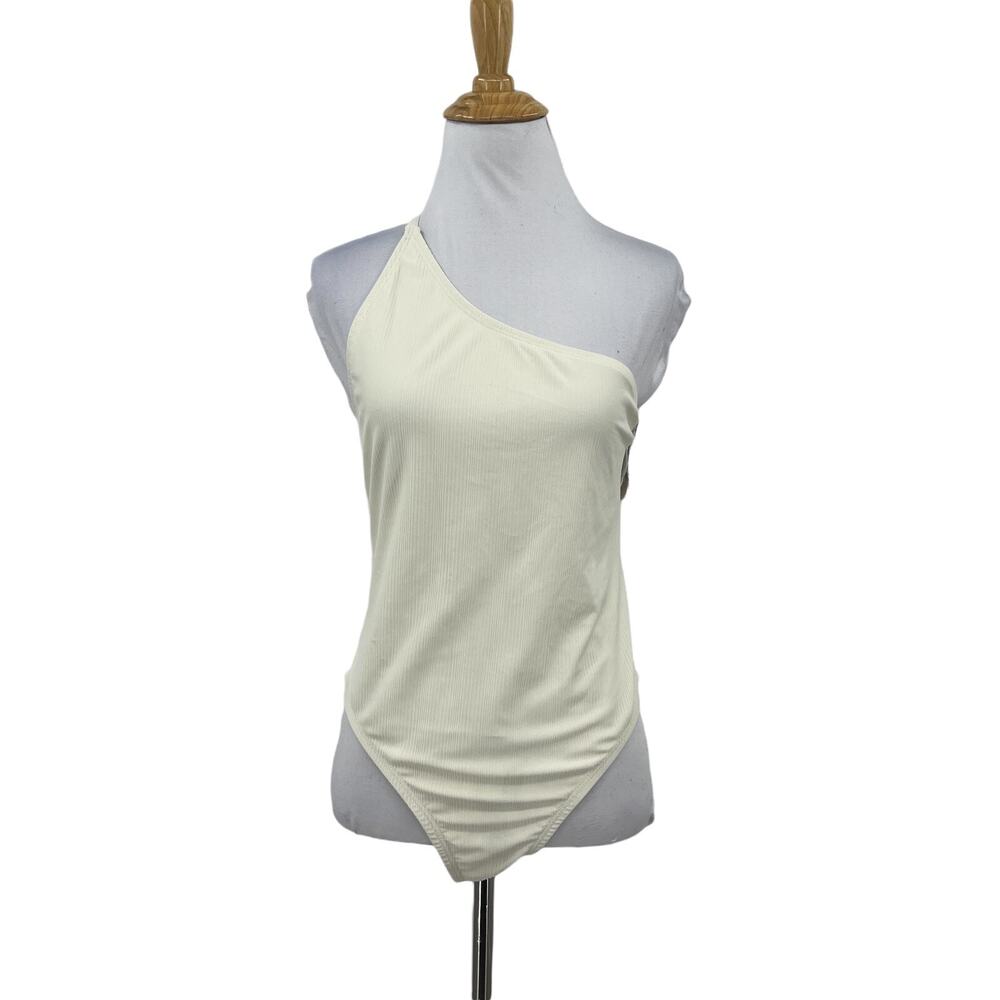 Ris-K Swimsuit Women Ivory L Large One Shoulder One Piece Ribbed Open Slant Back
